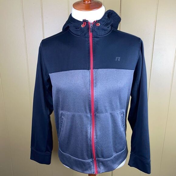 Russell men M fu zip hooded jacket w/front pockets grey black red - Picture 1 of 10